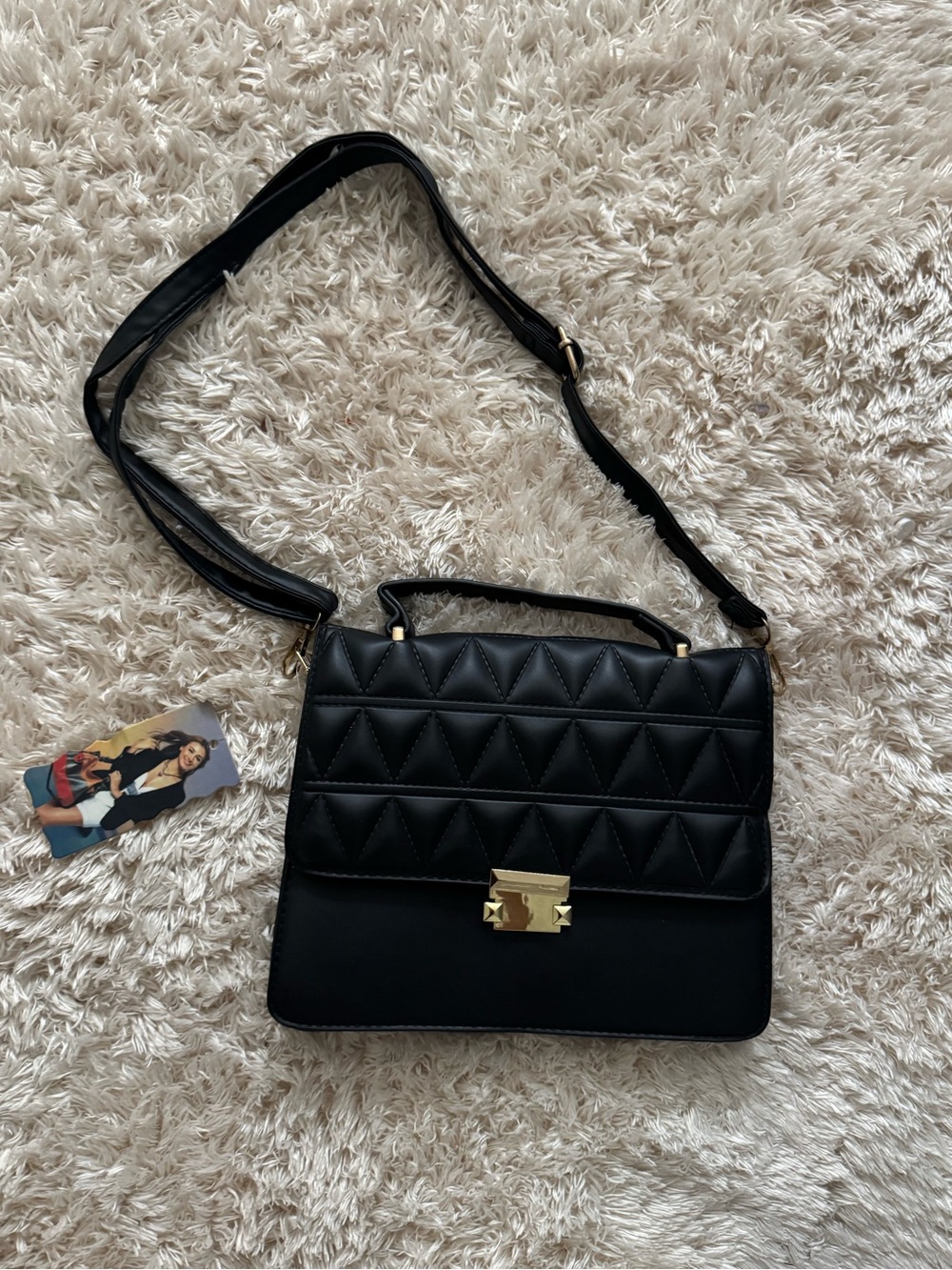 Elegant Black Quilted Top Handle Crossbody Bag with Gold Clasp